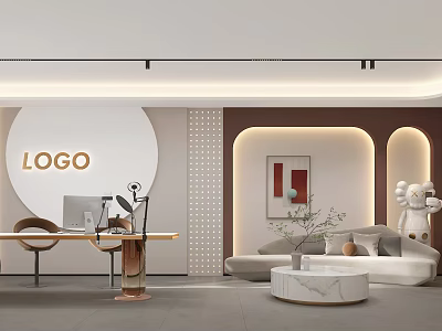 Modern Public Office Space With Lounge Area Green Plants Recessed Lighting And Artwork 3d model