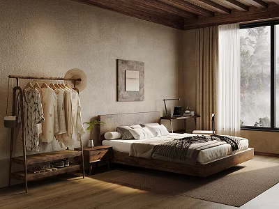 Rustic Bedroom Interior With Wooden Ceiling Beige Walls Framed Art Wooden Bed And Clothing Rack 3d model
