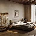 Rustic Bedroom Interior With Wooden Ceiling Beige Walls Framed Art Wooden Bed And Clothing Rack