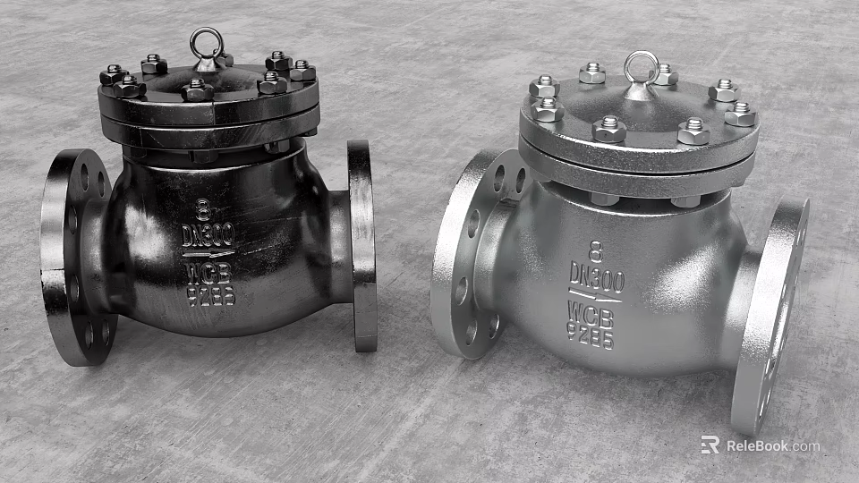 Industrial Metal Check Valves With Flanged Connections And Size Specification Markings 3d model 