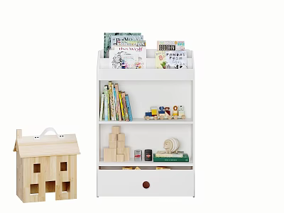 White Storage Cabinet Shelf Organizer With Books Toys And Wooden Toy House 3d model