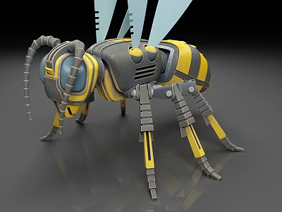 Mechanical Ant Shaped Industrial Equipment 3D Model With Yellow Gray Design Mechanical Legs And Wings 3d model