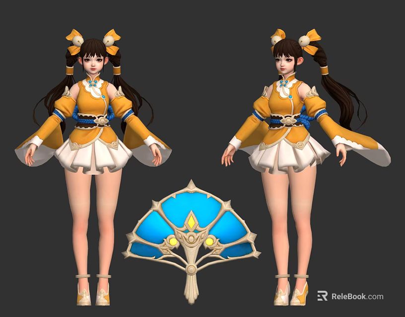 Game and Movie Character in Yellow White Outfit with Twin Ponytails and Blue Fan 3d model 