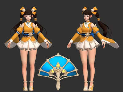 Game and Movie Character in Yellow White Outfit with Twin Ponytails and Blue Fan 3d model