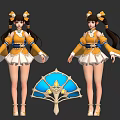 Game and Movie Character in Yellow White Outfit with Twin Ponytails and Blue Fan
