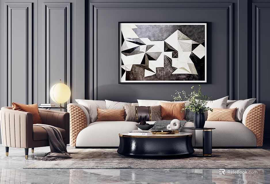 Modern Sofa And Coffee Table Set With Colorful Cushions Black Round Table And Abstract Painting 3d model 