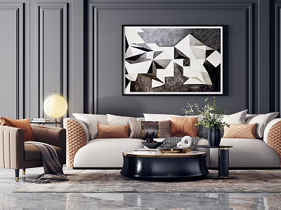 Modern Sofa And Coffee Table Set With Colorful Cushions Black Round Table And Abstract Painting 3d model