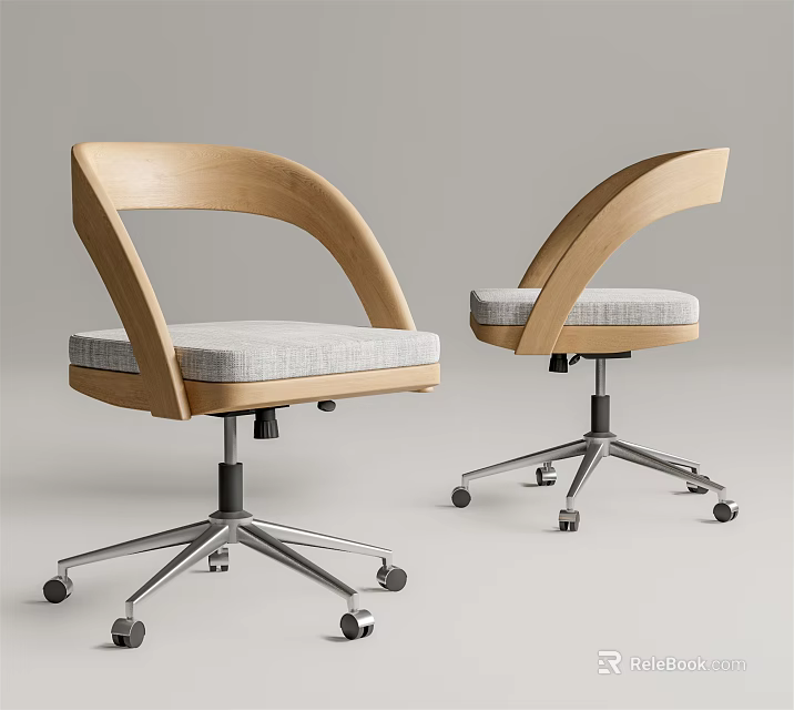 Modern Office Chairs With Wooden Armrests Gray Cushion And Metal Base Wheels 3d model 