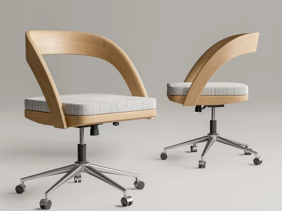 Modern Office Chairs With Wooden Armrests Gray Cushion And Metal Base Wheels 3d model
