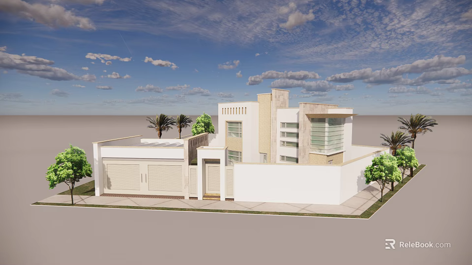 Modern Detached Villa Exterior With Palm Trees And Clear Blue Sky 3d model 