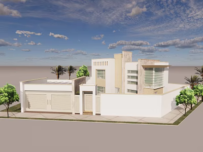 Modern Detached Villa Exterior With Palm Trees And Clear Blue Sky 3d model