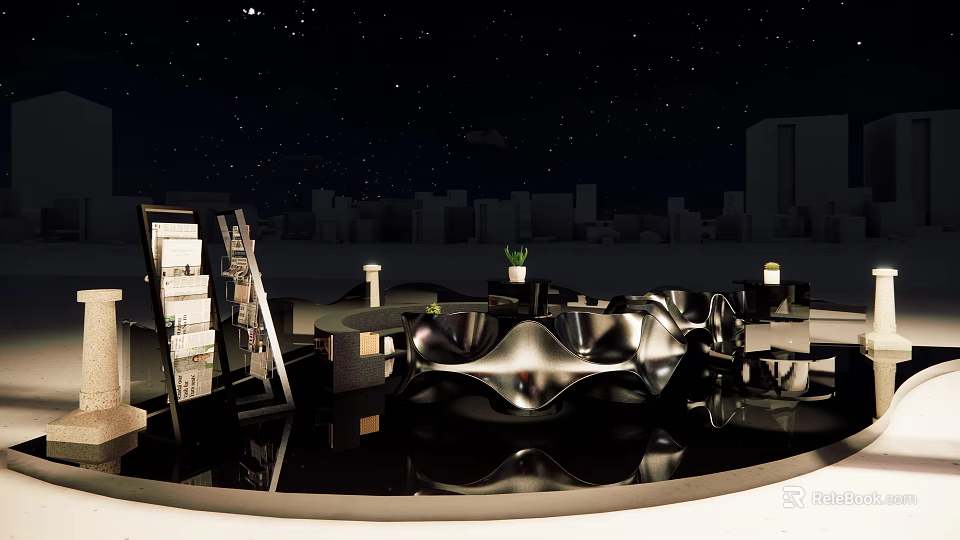 Modern Black Sculptural Furniture With Urban Night Sky And Bookshelf Green Plant 3d model 