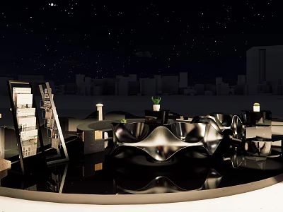 Modern Black Sculptural Furniture With Urban Night Sky And Bookshelf Green Plant 3d model