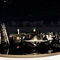 Modern Black Sculptural Furniture With Urban Night Sky And Bookshelf Green Plant