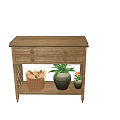 Natural Wooden Entryway Console Table With Drawers And Shelf Holding Decorative Plants And Basket