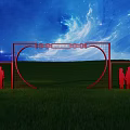 Ornate Red Archway Structure With Human Silhouettes Against Blue Starry Sky and Green Grass Field