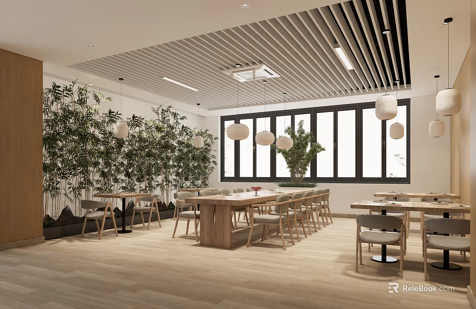 Modern Restaurant Interior With Green Plants Wooden Tables Large Windows And Hanging Lamps 3d model 