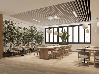 Modern Restaurant Interior With Green Plants Wooden Tables Large Windows And Hanging Lamps 3d model
