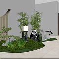 Charming Mini Garden Landscape with Panda Statues Green Plants Grass Stones and Lamp