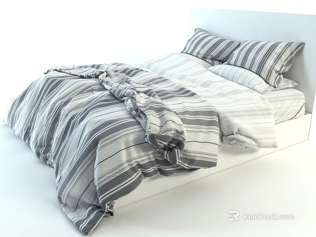 Double Bed with Striped Bedspread Sheets and Pillows in Modern Simple Style 3d model