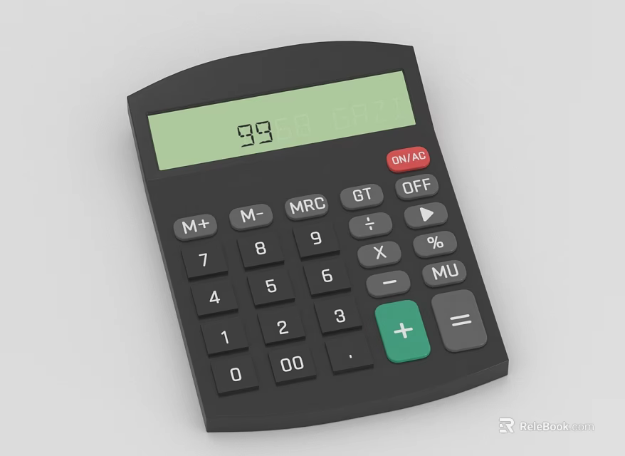 Black Calculator With Green Screen Showing 93 Green Plus Key Numeric Keypad And Function Buttons 3d model 