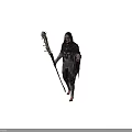 Hooded Game Movie Character With Glowing Eyes Green Gem Holding Glowing Staff In Dim Forest