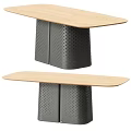 Modern Rectangular Dining Table Featuring Wooden Top Metal Perforated Base And Upholstered Beige Black Chairs