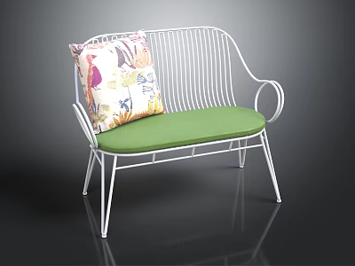 Stylish Outdoor Chair With White Metal Frame Green Cushion And Colorful Patterned Pillow 3d model