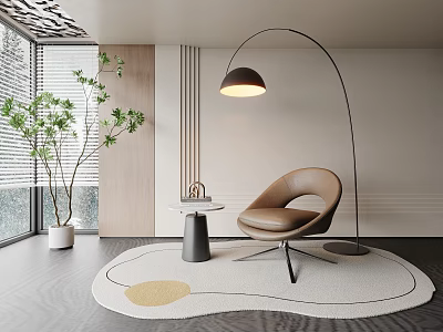 Brown Curved Leisure Chair In Modern Interior With Floor Lamp Round Rug And Green Plant 3d model