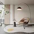 Brown Curved Leisure Chair In Modern Interior With Floor Lamp Round Rug And Green Plant