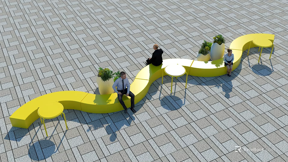 Yellow Curved Landscape Seats With Small Tables And Potted Plants In Outdoor Public Space 3d model 