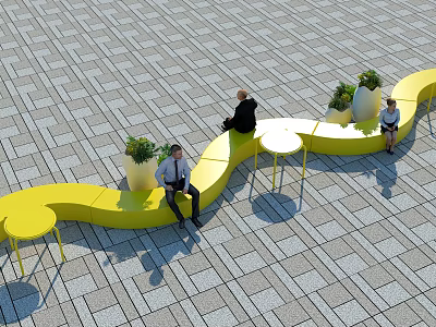 Yellow Curved Landscape Seats With Small Tables And Potted Plants In Outdoor Public Space 3d model