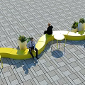 Yellow Curved Landscape Seats With Small Tables And Potted Plants In Outdoor Public Space