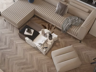 Cozy Modern Living Room Interior With Beige L shaped Sofa Coffee Table And Herringbone Flooring 3d model