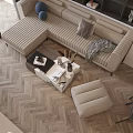 Cozy Modern Living Room Interior With Beige L shaped Sofa Coffee Table And Herringbone Flooring