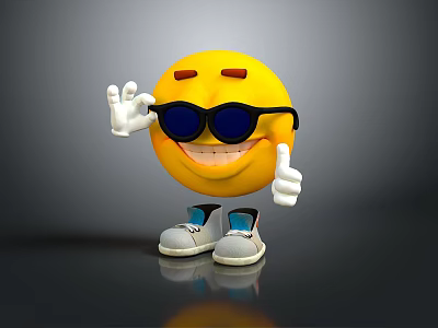 Yellow Smiley Emoji Character Wearing Sunglasses With White Hands Gray Shoes Waving Thumbs Up 3d model