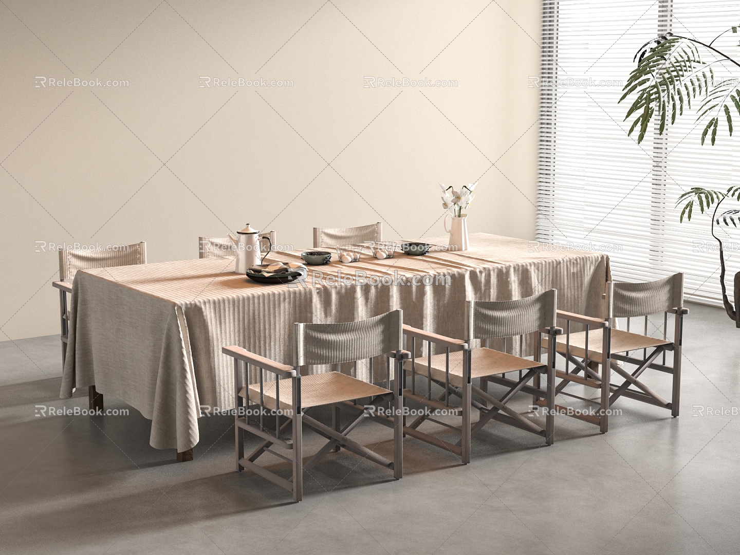 Dining Table and Chair Combination Tablecloth Tableware Ornaments 3d model