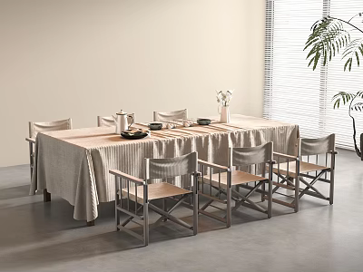 Minimalist Dining Interior With Wooden Dining Table Tablecloth Chairs And Potted Plant Near Window Blinds 3d model