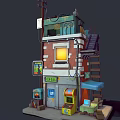 Cartoon Style Multi Level Small Shop Building With Staircase Signboard Window And Awning Details