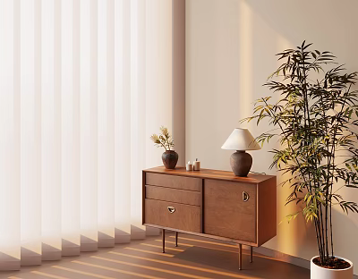 Bright Interior Corner With White Curtains Wooden Cabinet Table Lamp And Tall Green Plant 3d model