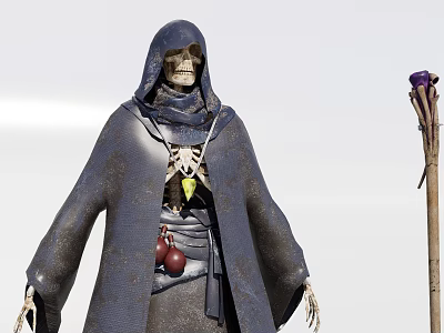 Skeleton Game Movie Character In Hooded Robe With Staff 3d model