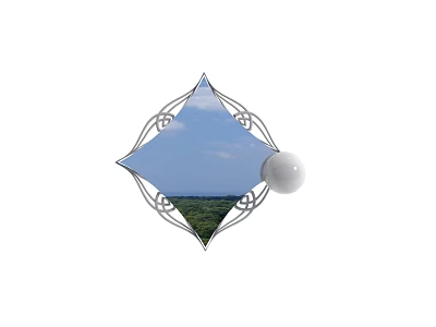 Diamond Shaped Mirror With Decorative Frame And White Spherical Accent Reflecting Blue Sky Green Landscape 3d model