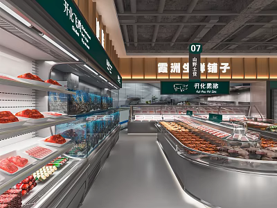 Modern Supermarket Interior Featuring Fresh Meat Seafood Deli And Display Cases 3d model