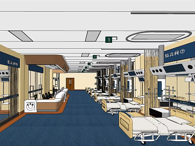 Hospital Ward Interior With Medical Beds Equipment Blue Carpet And Ceiling Lights 3d model