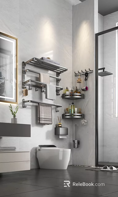 Modern Bathroom Wall Mounted Shelves With Multi Tier Hooks Towels And Toiletries Storage 3d model 