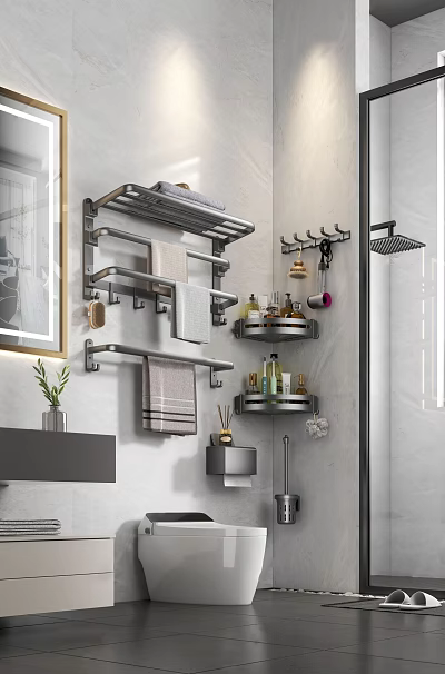 Modern Bathroom Wall Mounted Shelves With Multi Tier Hooks Towels And Toiletries Storage 3d model