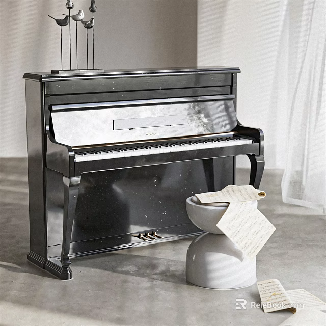 Black Upright Piano and Artistic Drawing Supplies with Scrolls and Papers 3d model 