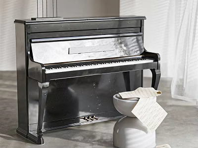 Black Upright Piano and Artistic Drawing Supplies with Scrolls and Papers 3d model