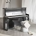 Black Upright Piano and Artistic Drawing Supplies with Scrolls and Papers