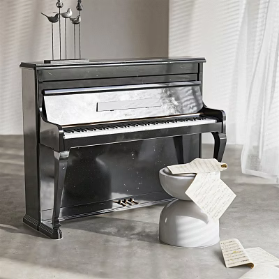 Black Upright Piano and Artistic Drawing Supplies with Scrolls and Papers 3d model
